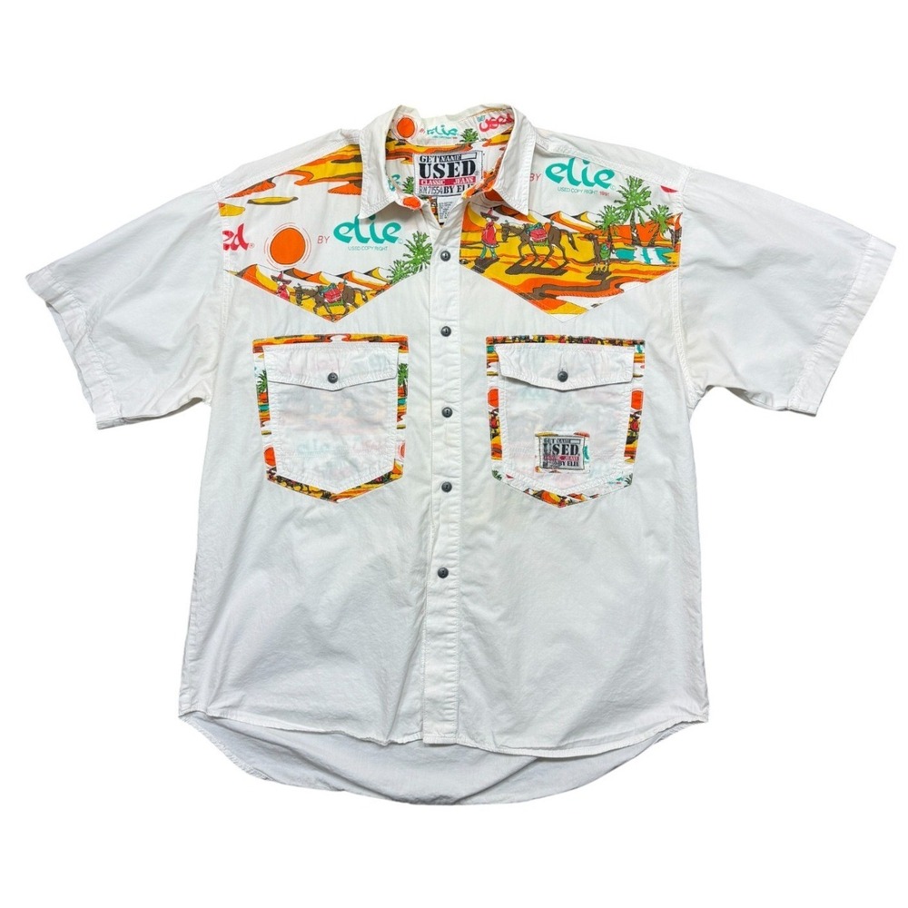 Vintage Get Used By Elie Button Up Shirt Mens L White‎ Desert Scene Graphic 1991